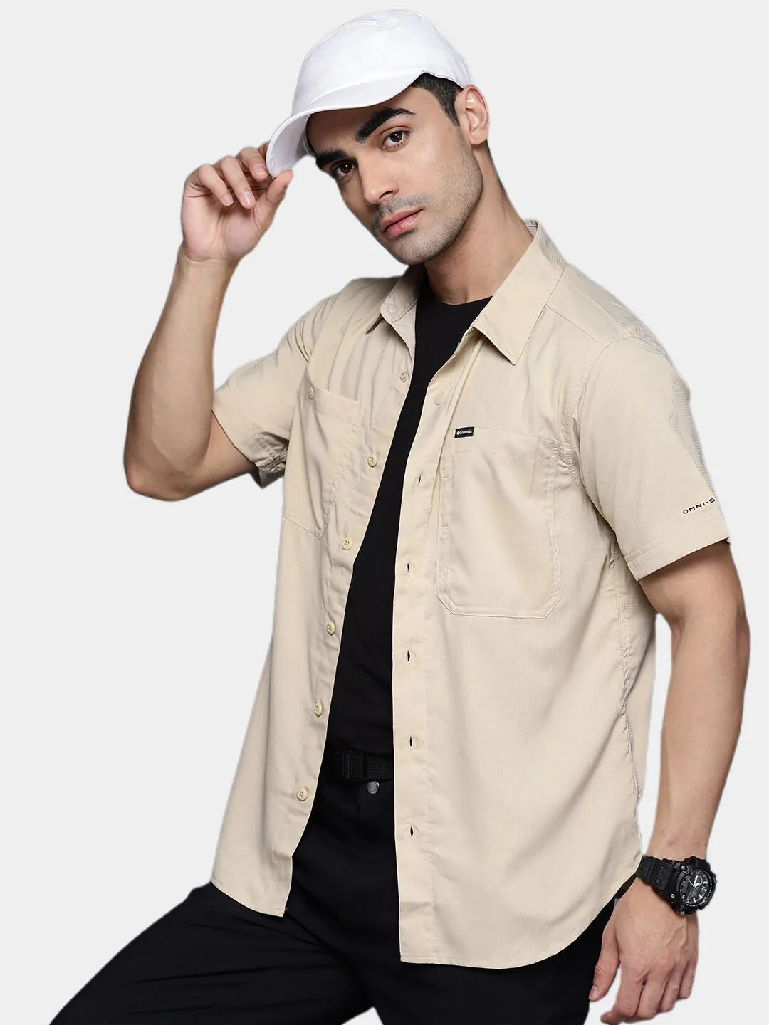 Columbia Men Beige Omni-Shade Silver Ridge Utility Lite Short Sleeve Shirt