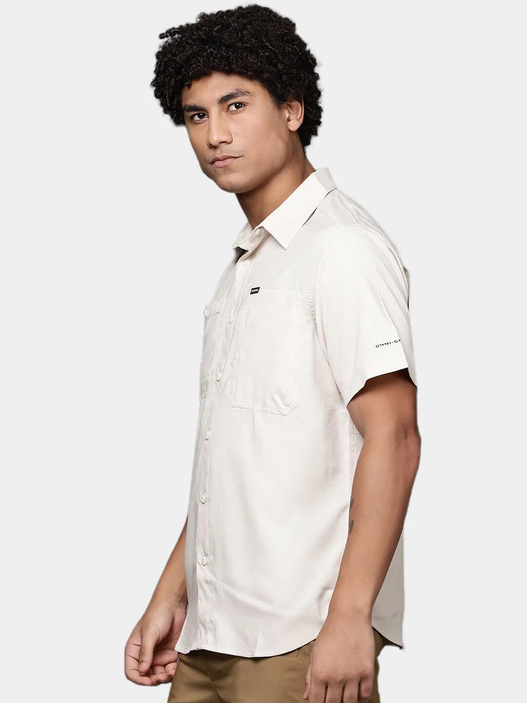 Columbia Men Beige Omni-Shade Silver Ridge Utility Lite Short Sleeve Shirt