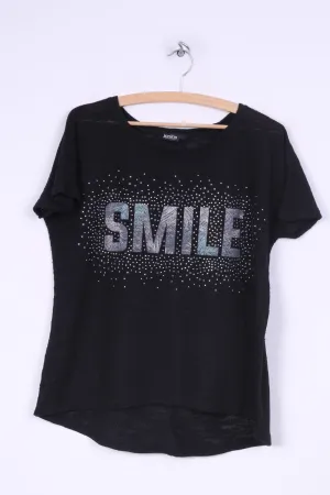 Janina Womens L T-Shirt Crew Neck Knitted Black Smaile Graphic Summer Top