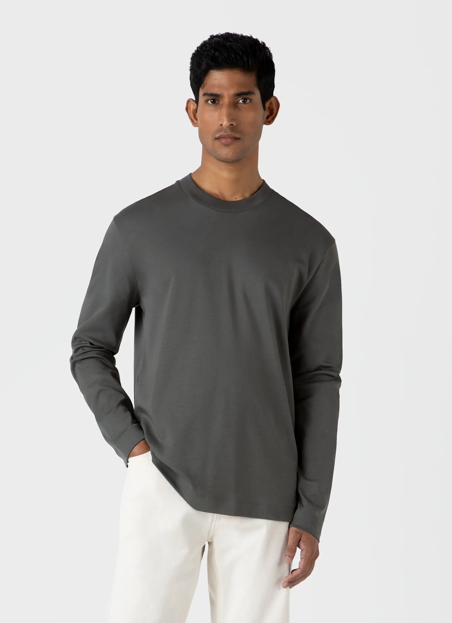Men's Long Sleeve Heavyweight T-shirt in Drill Green Sunspel