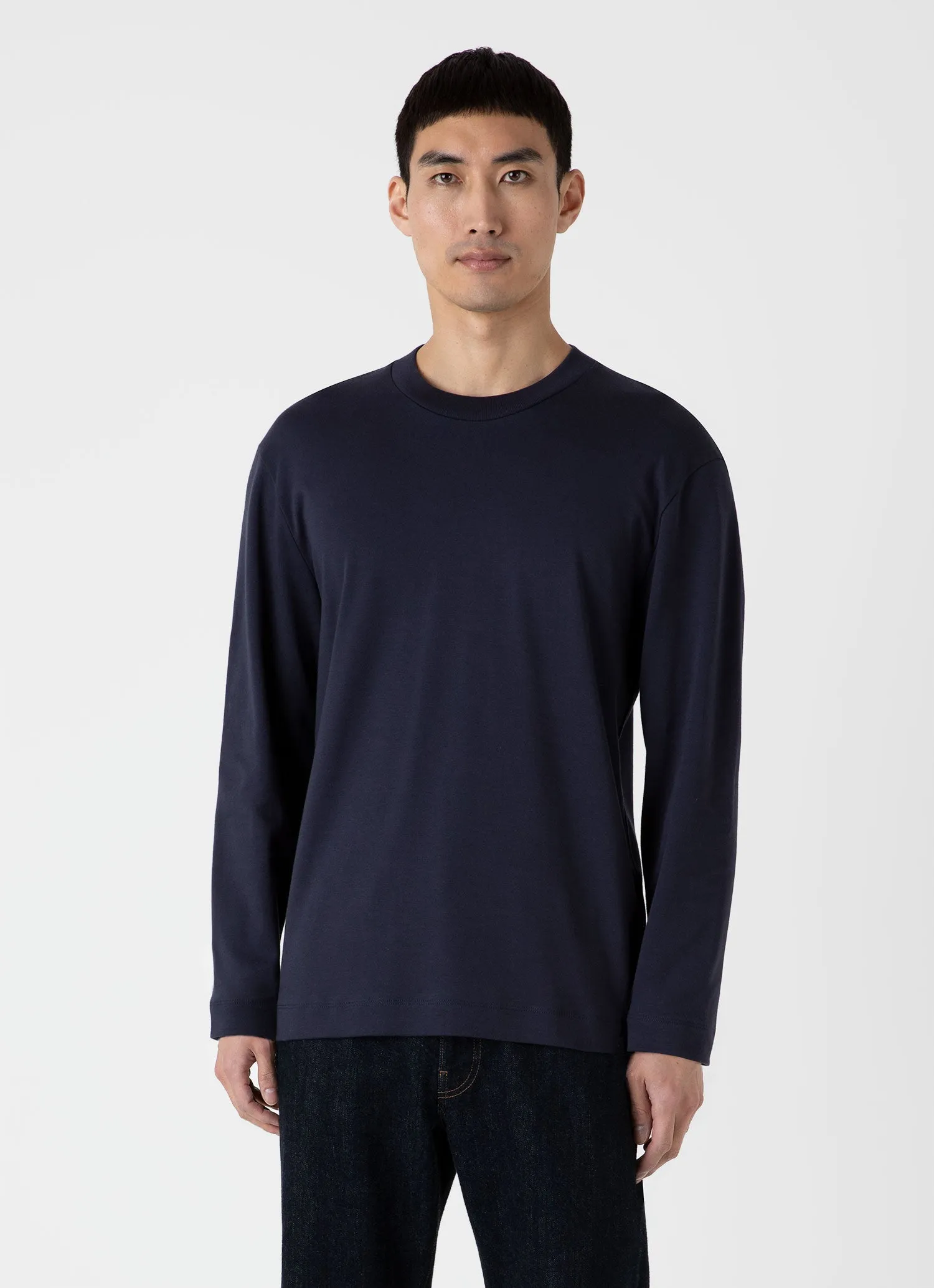 Men's Long Sleeve Heavyweight T-shirt in Navy Sunspel