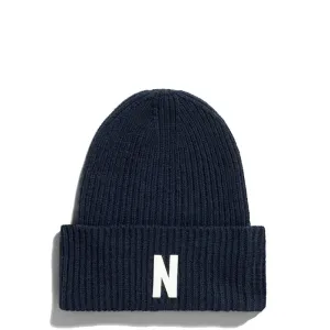 Norse Projects Merino Lambswool Rib N Logo Beanie Dark Navy
