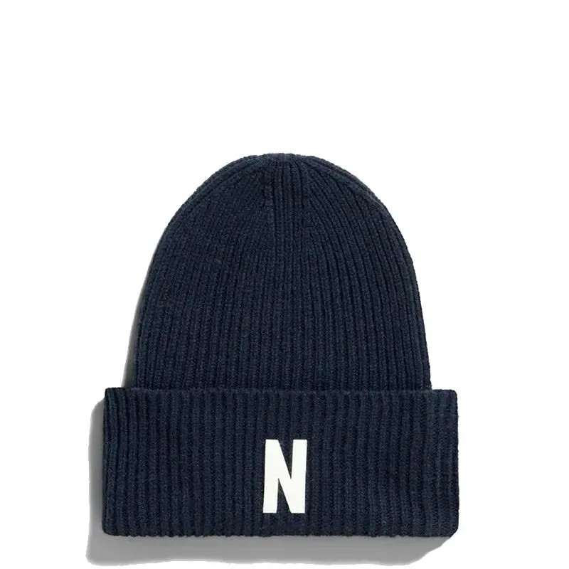 Norse Projects Merino Lambswool Rib N Logo Beanie Dark Navy
