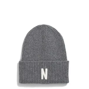 Norse Projects Merino Lambswool Rib N Logo Beanie Grey Melange